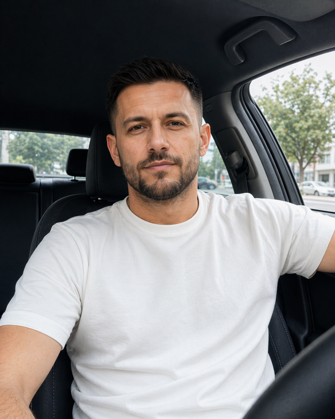Vinny Walker in a car with a translucent orange and dark brown overlay